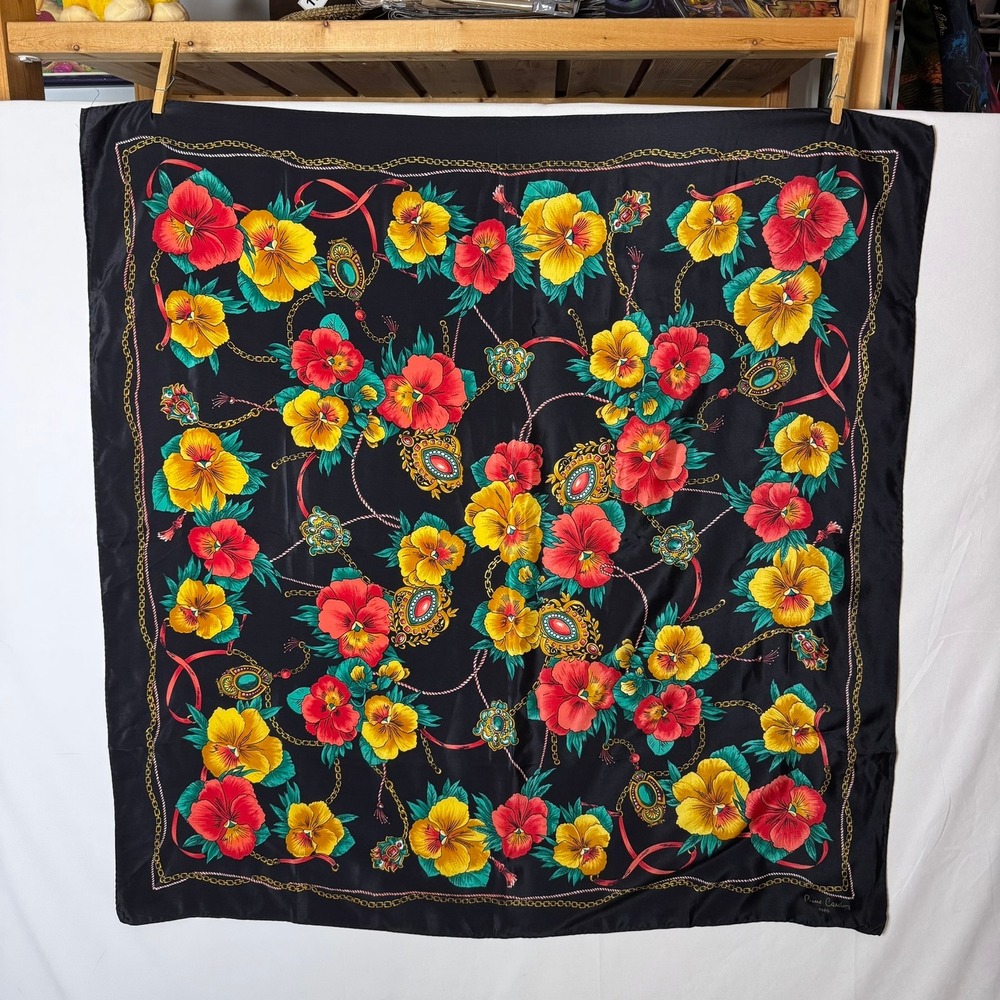 Vintage Pierre Cardin Scarf Square Black Red Floral Hand Rolled Silk READ